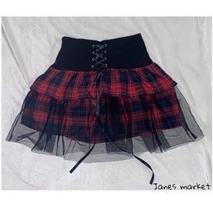 SHEIN x ROMWE-NWT Plaid Contrast Red & Black Mesh Lace Up Skirt/US S